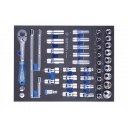 ZESTAW NASADEK 3/8" 44cz. KRÓTKIE 6-kąt.10-22mm,DŁUGIE 12-kąt. 8-19mm, Z AKCESORIAMI, WKŁAD Z PIANKI EVA DO WÓZKA King Tony